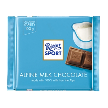 德国RitterSport瑞特滋运动阿尔卑斯牛奶巧克力100g*1排块