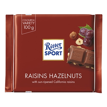 德国RitterSport瑞特滋运动葡萄干榛子牛奶巧克力100g*1排块