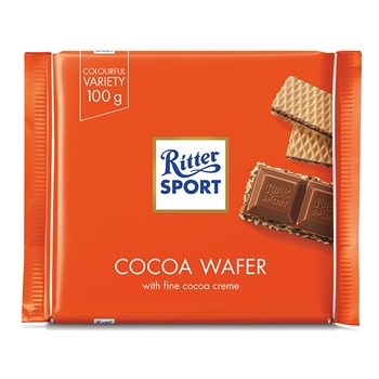 德国RitterSport瑞特滋运动可可华夫味夹心牛奶巧克力100g*1排块